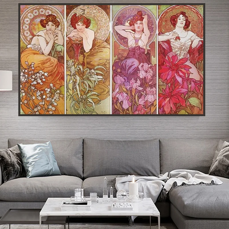 

Alphonse Mucha Times of Day Vintage Oil Painting on Canvas Posters and Prints Cuadros Wall Art Pictures For Living Room Decor