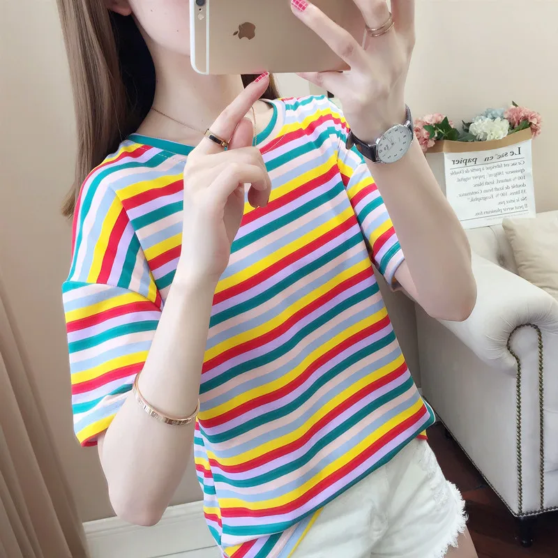 

Korean Women Shirts Stripe Kawaii Tops O-Neck Students T-shirts Summer Harajuku Loose Clothing Casual T Shirt L0416