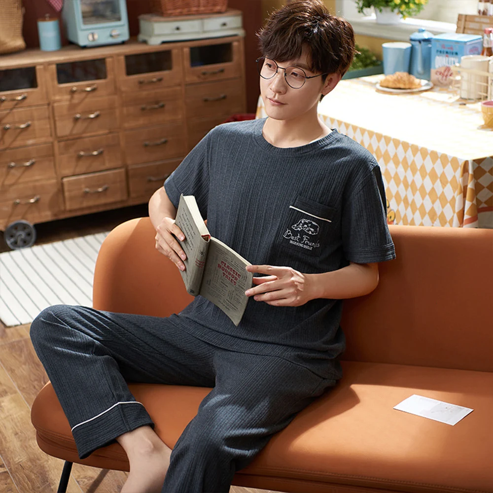 

Spring Summer Cotton Short Sleeve Men's Pajamas Set Casual Striped Pajama For Men Sleepwear Sets Suit Print Homewear Plus Size