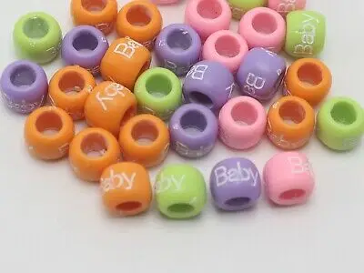 

200 Mixed Colour Acrylic Baby Pattern Barrel Pony Beads 9X7mm for Kids Craft