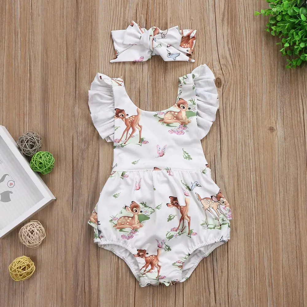 

Summer Deer print Ruffles Romper Jumpsuit+Headband 2pcs Outfits Baby Clothing Newborn Toddler Baby Girl Clothes Bodysuits