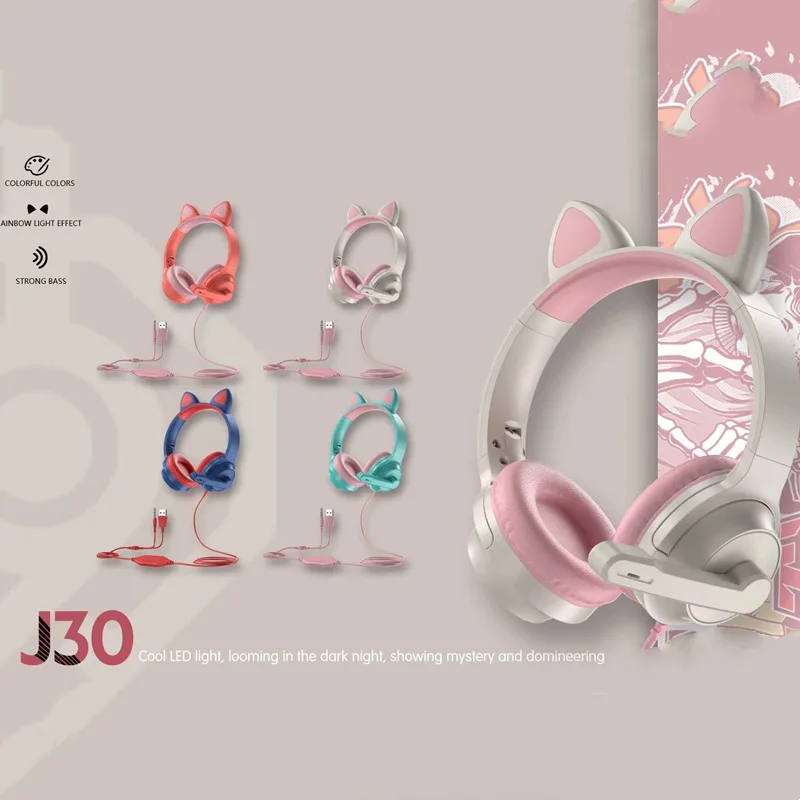 Flash Light Cute Cat Ears Wired Headphones with Mic Kid Girls Stereo Music Wired Headset Gamer Earphones Gift For Computer