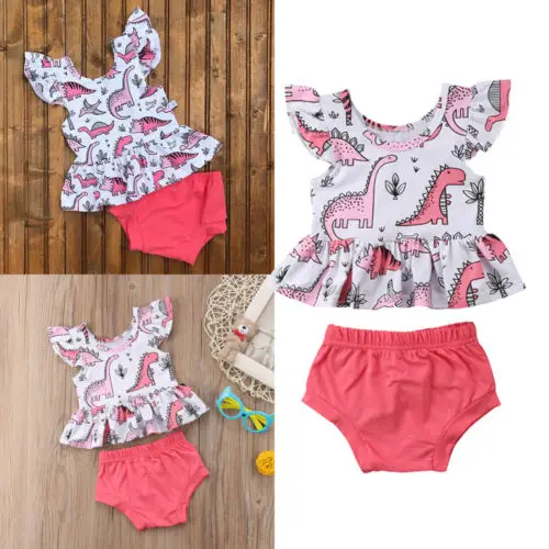 2018 г. новые летние детские повседневные розовые топы с рюшами и динозавром для