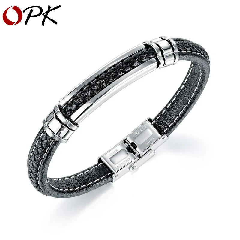 

OPK source factory domineering woven leather cord men's bracelet fashion retro titanium steel bracelet bracelet