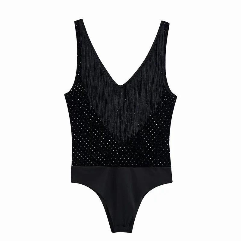

Stretchy Velvet Bodysuit With Fringing Women 2022 Spring New Fashion Black Romper Playsuit Tassel Clothes Female Casual Overall