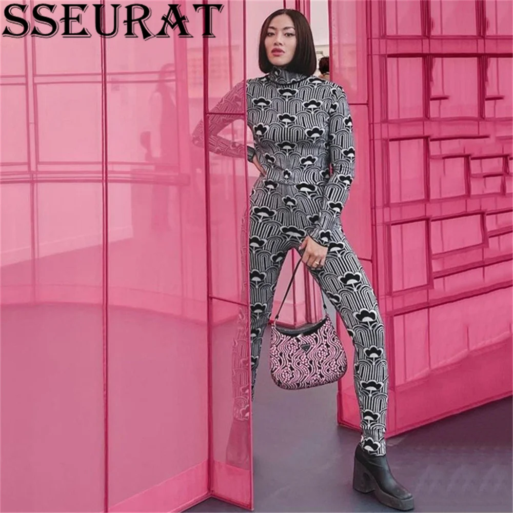 

SSEURAT Print Jumpsuit Popular Turtleneck Long Sleeve Autumn Body-Shaping Rompers One Piece Streetwear Female Clothing