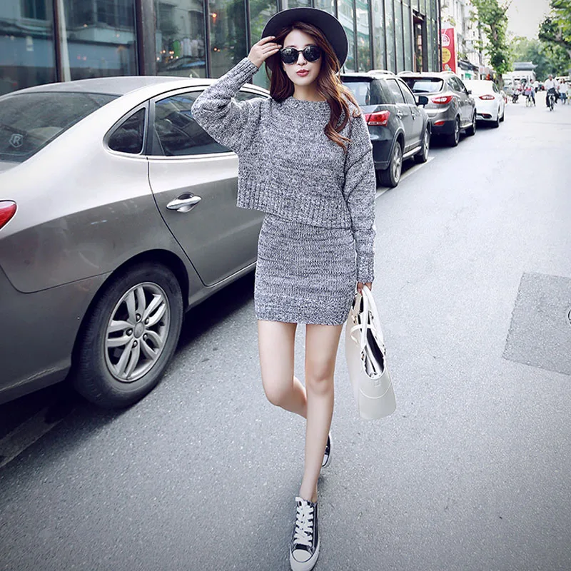 Осенний женский корейский вязаный костюм на день рождения пикантная юбка из двух