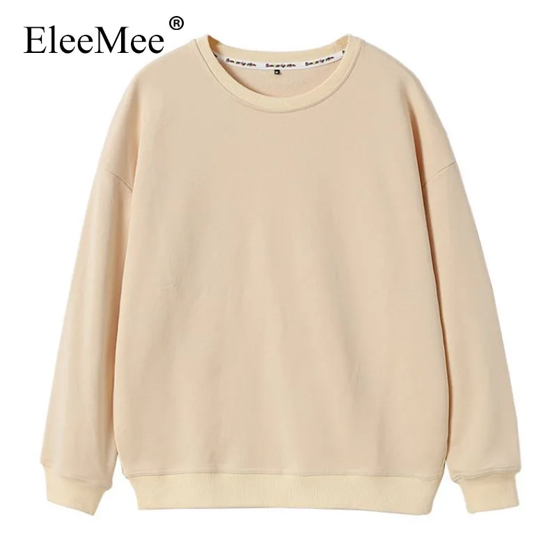

EleeMee 2021 Casual Hoodie For Women Long Sleeve O-Neck Solid Color All-Match 9 Colors Sweater Street Concise Size Xs-Xl