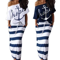 summer plus size elegant vacation leisure two pieces suit sets ladies boat anchor print t shirt striped maxi skirt sets s 3xl