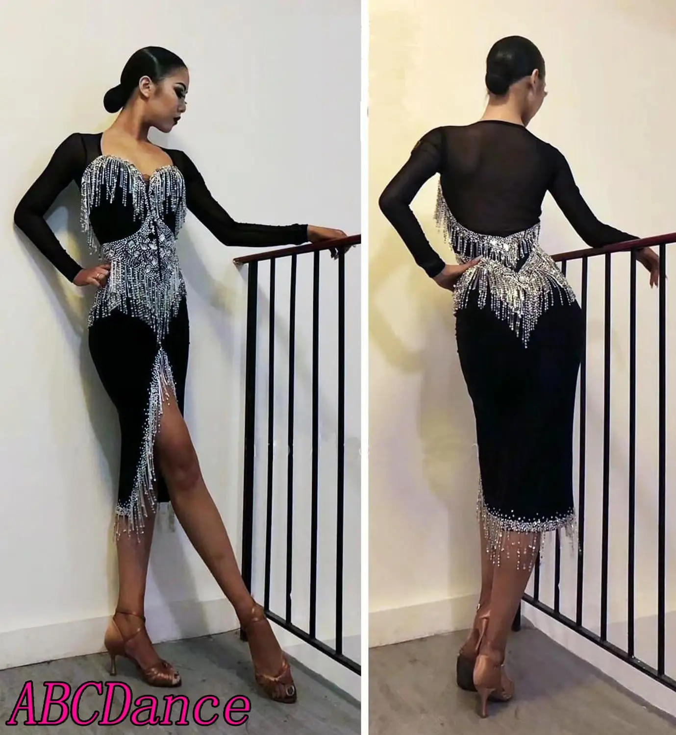 

new latin dance dress women salsa tango dress custom-handmade latin dress Professional Long Sleeves black beads tube