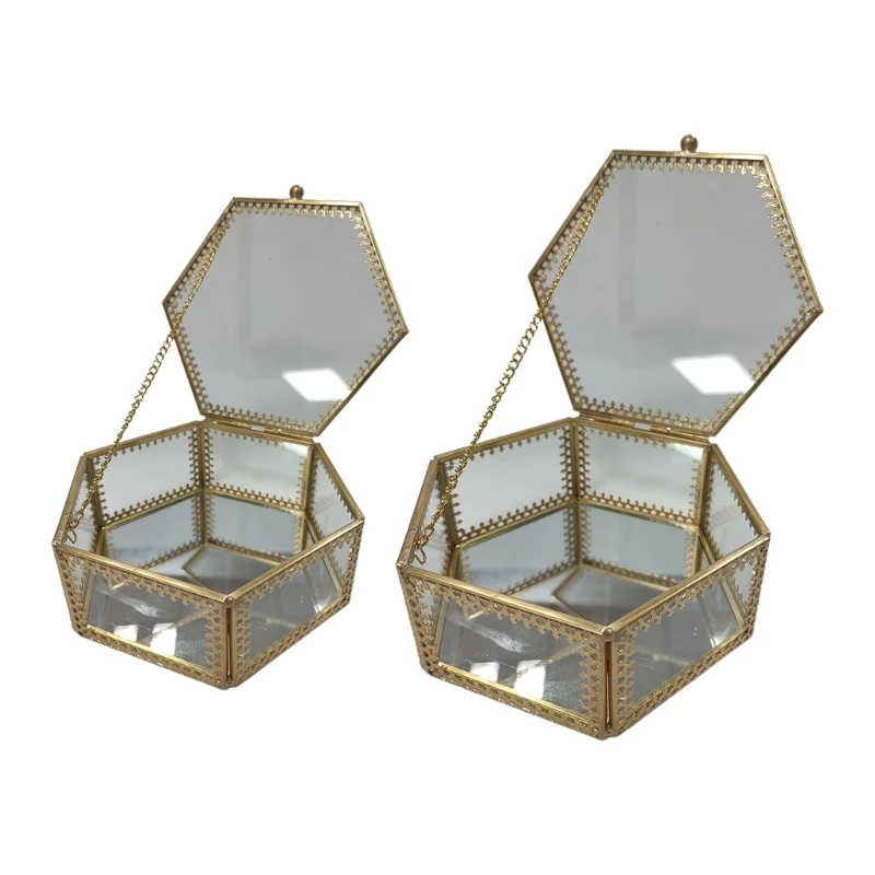 

Hexagon Gold Brass Glass Ring Trinket Box Mirror Wedding Ring Box Geometric Clear Glass Jewelry Box Tabletop Organizer