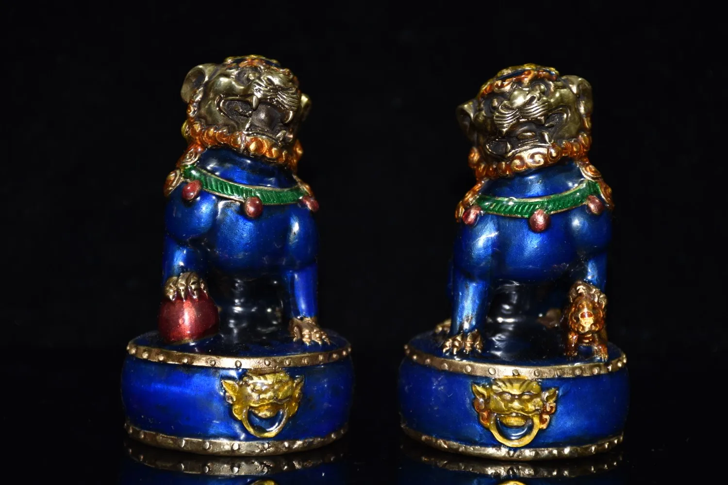 

4"Chinese Folk Collection Old Bronze Cloisonne Lion statue A pair Drum Lion Gatekeeper Office Ornaments Town House Exorcism