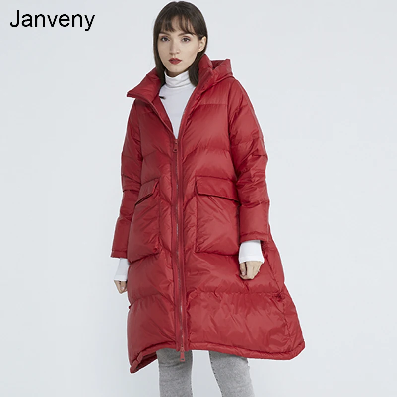 

Куртка Janveny женская зимняя с капюшоном и перьями, пуховик свободного кроя в винтажном стиле, с боковой пряжкой, с большими карманами, повседн...