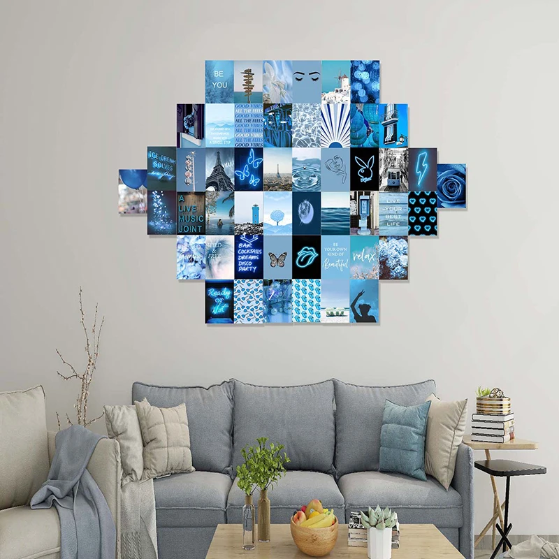 Новые синие настенные Коллажи с эстетическими изображениями декор для спальни