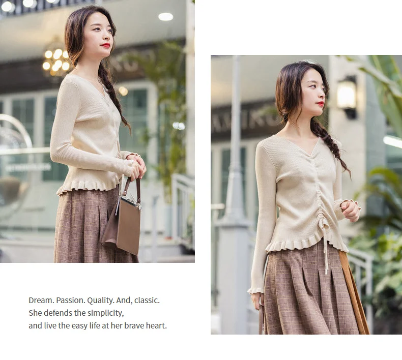 INMAN Winter Elegant Solid Color V Neck Drawstring Flower Swing Women Pullover Sweater