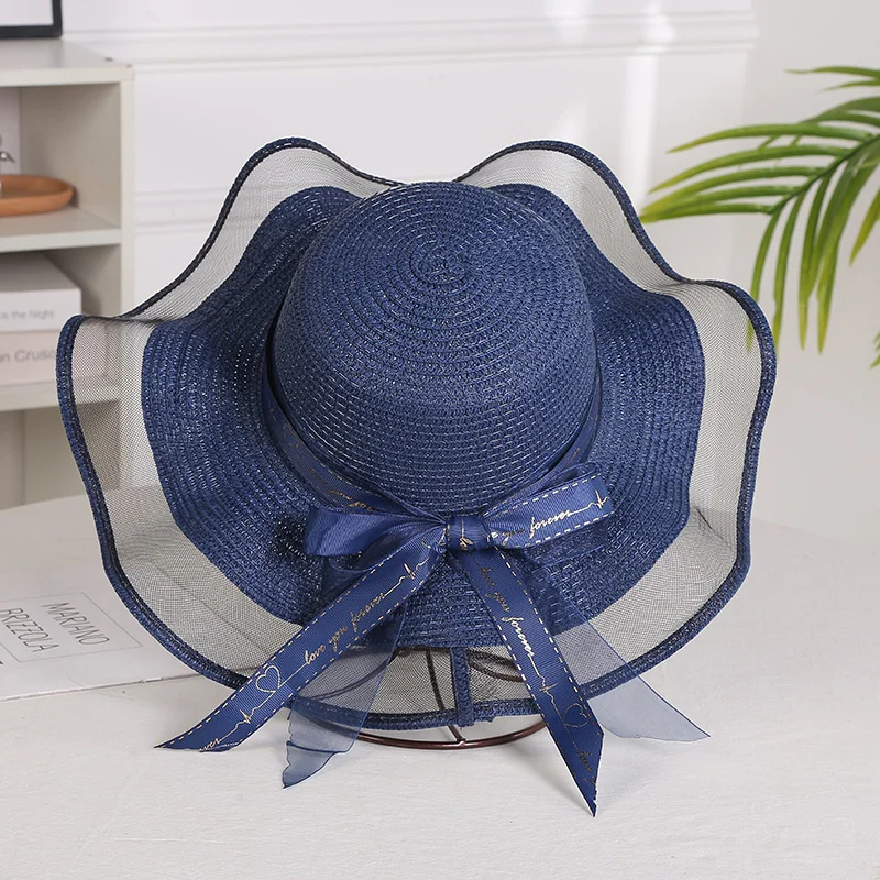 

New Korean Style Woman Straw Gauze Joint Bow Ribbon Large Brim Sunshade Ins Celebrity Outing Fashion Beach Holiday Glacier Hat