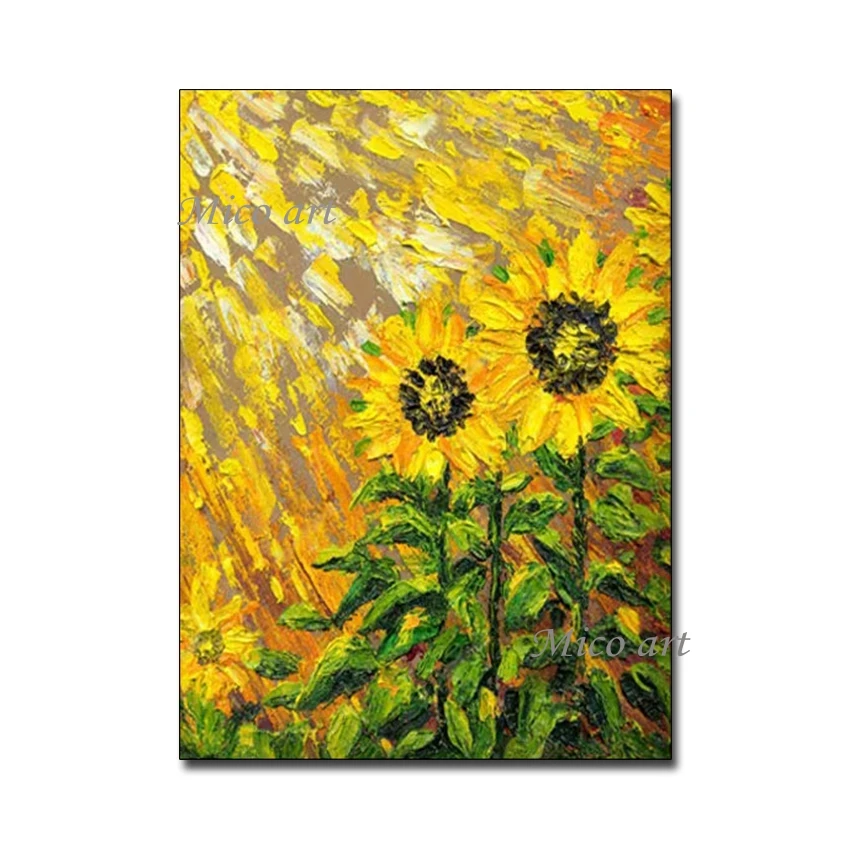 

No Framed Hand Painted Latest Heavy Thick Textured Sunflower Art Hand Drawn Flower Oil Painting On Canvas Wall Hanging Pictures