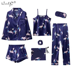 Комплект пижамный женский из 7 предметов, комплект с принтом и длинными рукавами, шорты на бретелях, ночная рубашка из искусственного шелка, домашняя одежда, весна-лето