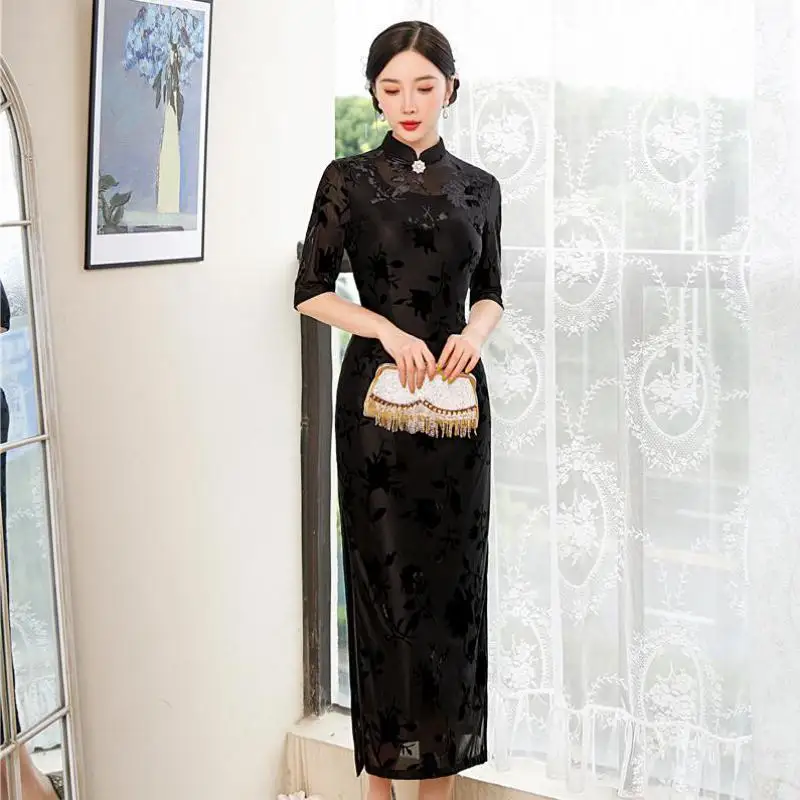 

Vintage Button Mesh Half Sleeve Qipao Sexy Velour Cheongsams Women Mid Length Flower Chinese Dresses Sheath Oversize Vestidos