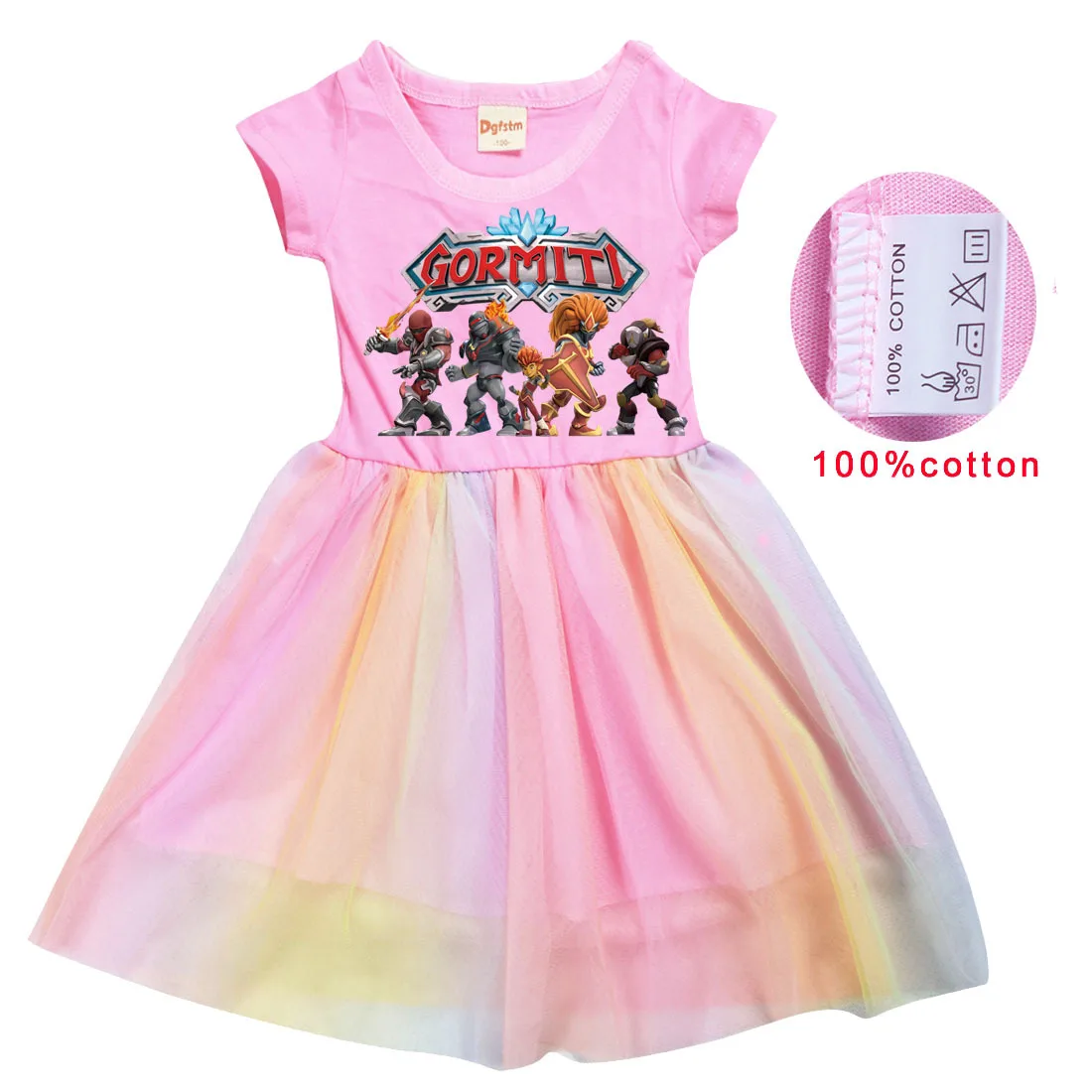 

Game Gormiti Clothes Kids Short Sleeves T Shirt + Rainbow Mesh Pleated Princess Colorful Dresses Girls Summer Casual Costumes