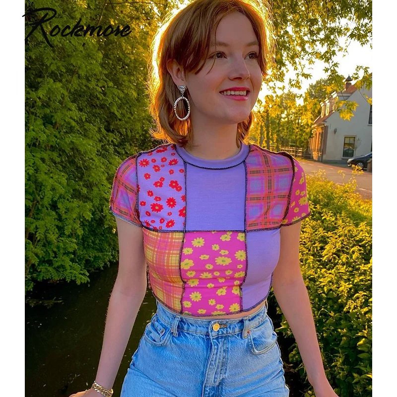 

Rockmore Floral Print Crop Top y2k Contrast Color Patchwork T Shirt Slim Short Sleeve T-Shirt Women Pullovers Kawaii Tee Summer