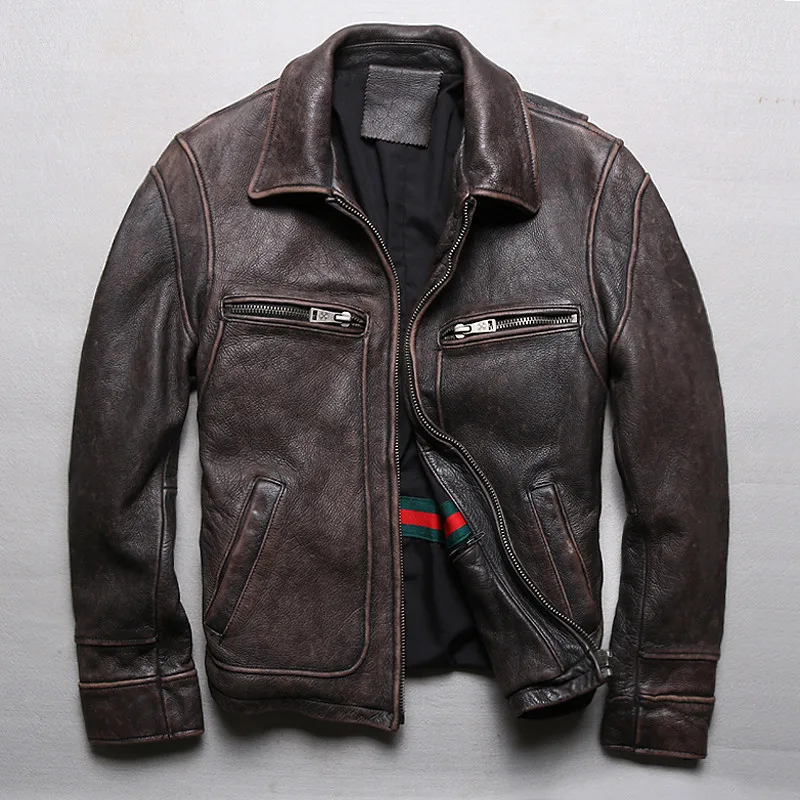 

Plus Size S-5XL 2020 Men's Retro Brown Genuine Leather Classic Vintage Motorcycle Jacket High Quality Thick Cowhide Coats