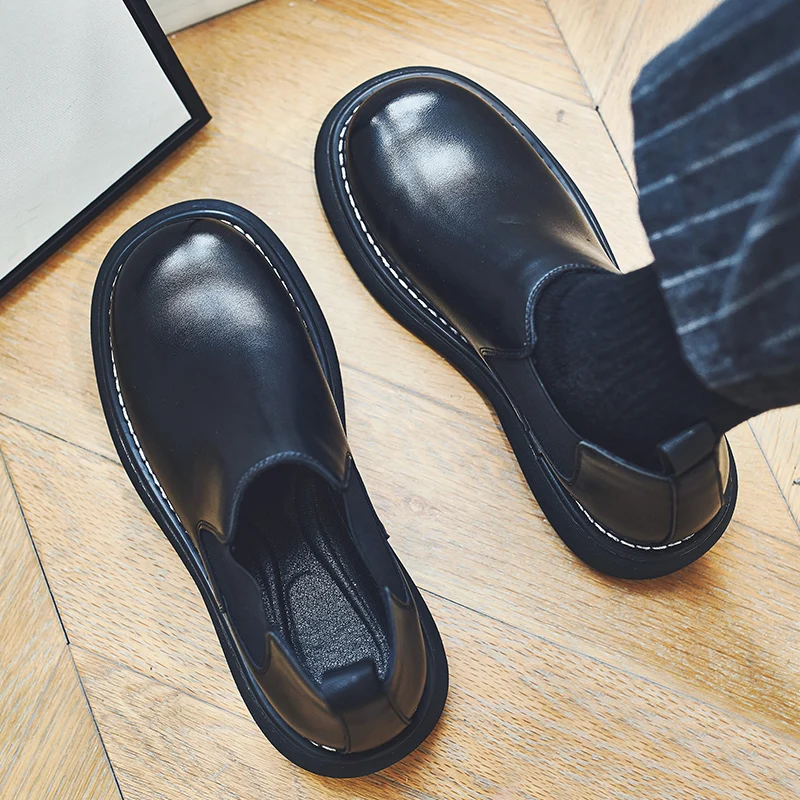 

New Men's Black Leather Ankle Chelsea Boots Flat Platform Round Toe Slip On Shoes Leisure L3