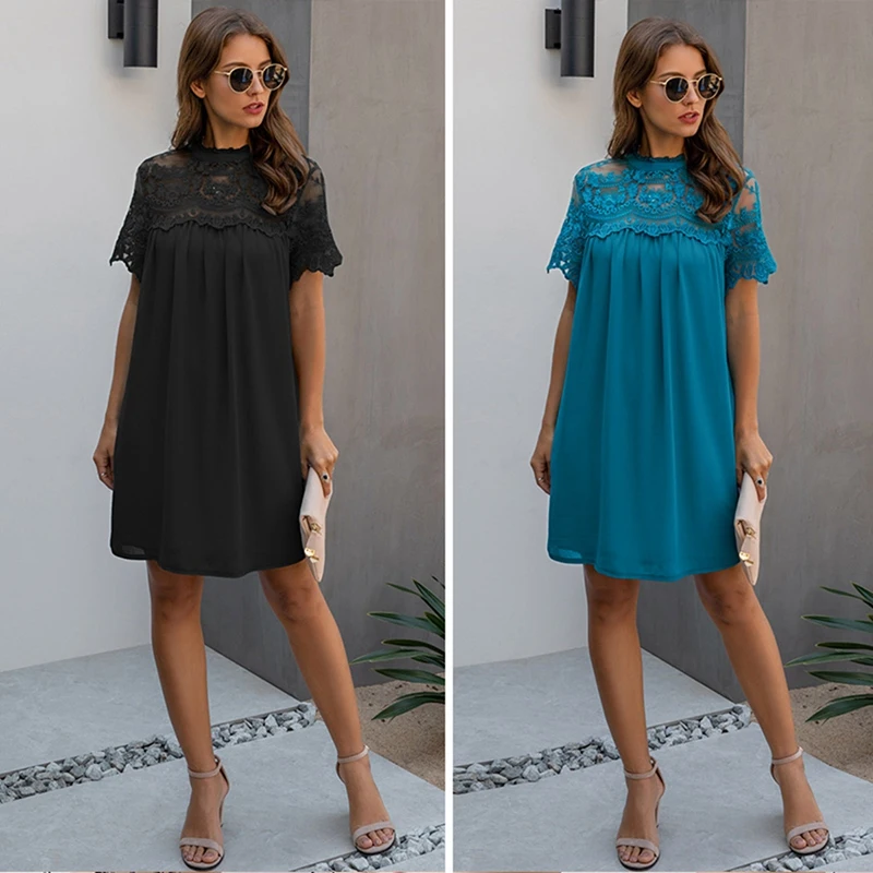 Женское свободное шифоновое платье с кружевной вышивкой мини вечерние платья