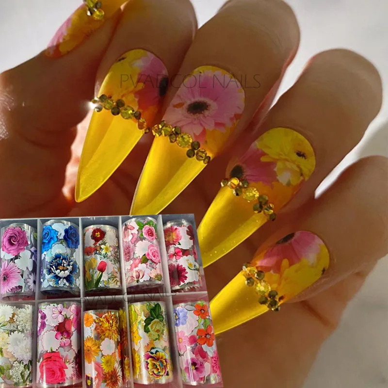 Jumbo цветочный ногтей наклейки из фольги для переноса слайдер Бумага обертывания