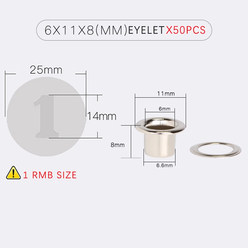 

Hot sale 50pcs/lot Metal Eyelets Grommets 6x11x8mm for Leather Craft DIY Scrapbooking Shoes Practical Accessories