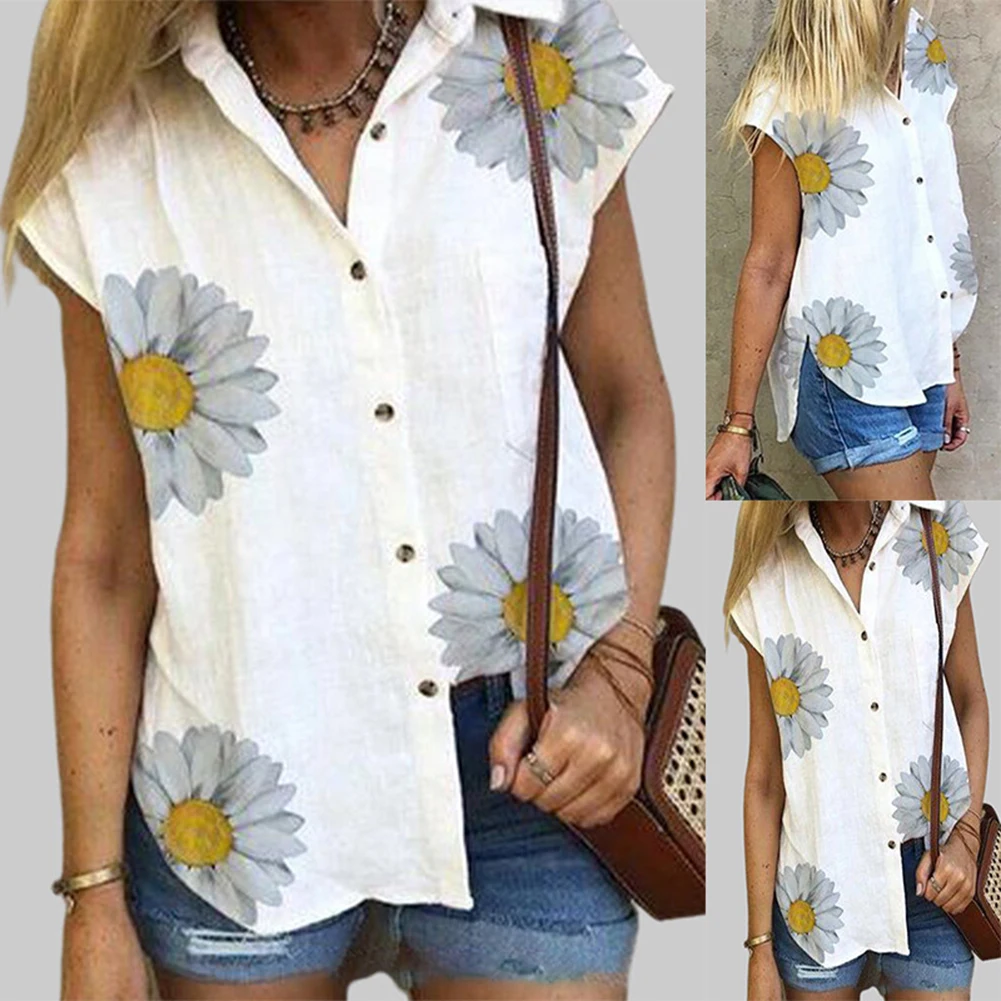 Женская рубашка для отдыха с принтом хризантем без рукавов на пуговицах