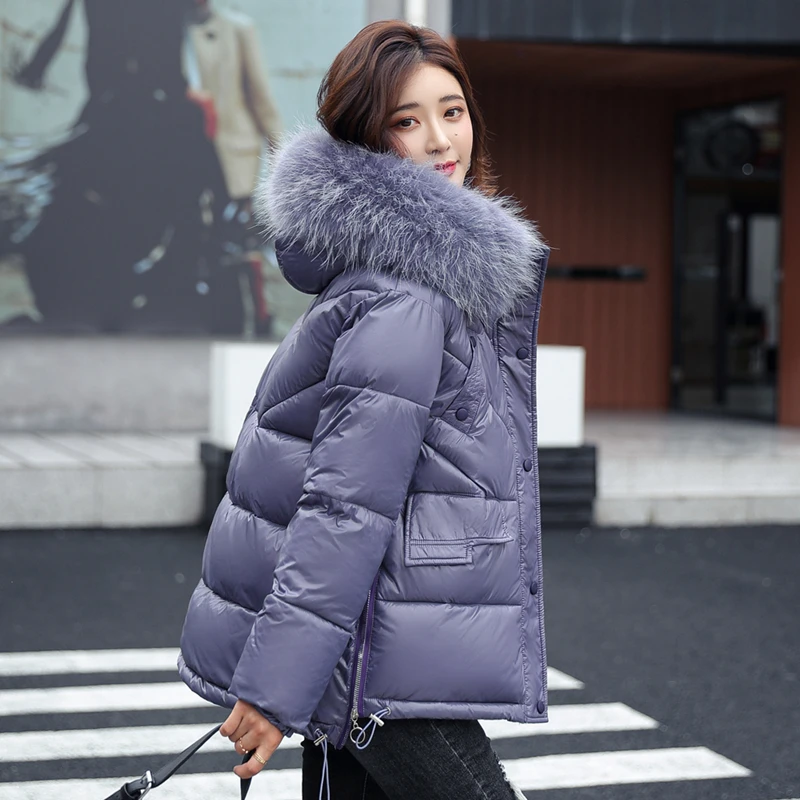 

Short Gloosy Parka Coat Fashion Pocket Winter Jackets For Women 2021 New Solid Casual Hooded Parka Coat With Fur Collar