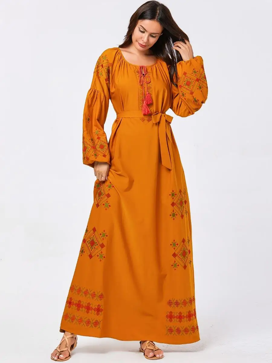 New Women Muslim Abaya Dress Embroidery Ethnic Loose Prayer Kaftan Islamic Robes Gown Arab O-neck Long Sleeve With Belt Fashion |