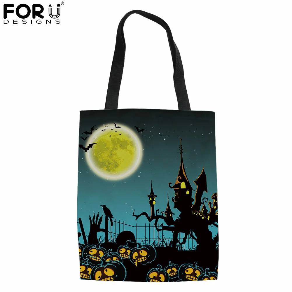 

FORUDESIGNS Halloween Scary Pumpkins and Bats Women Casual Shopping Totes Bag Female Shoulder Bolsa Ladies Line Recycled Handbag