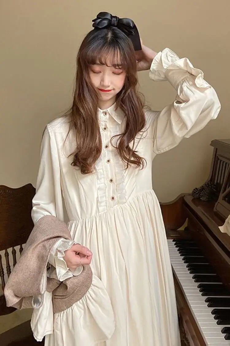 

Moko Slimming Elegant Dress White Long Type Student Dress Female 2020 New Autumn Clothes kawaii clothing sweet lolita dress