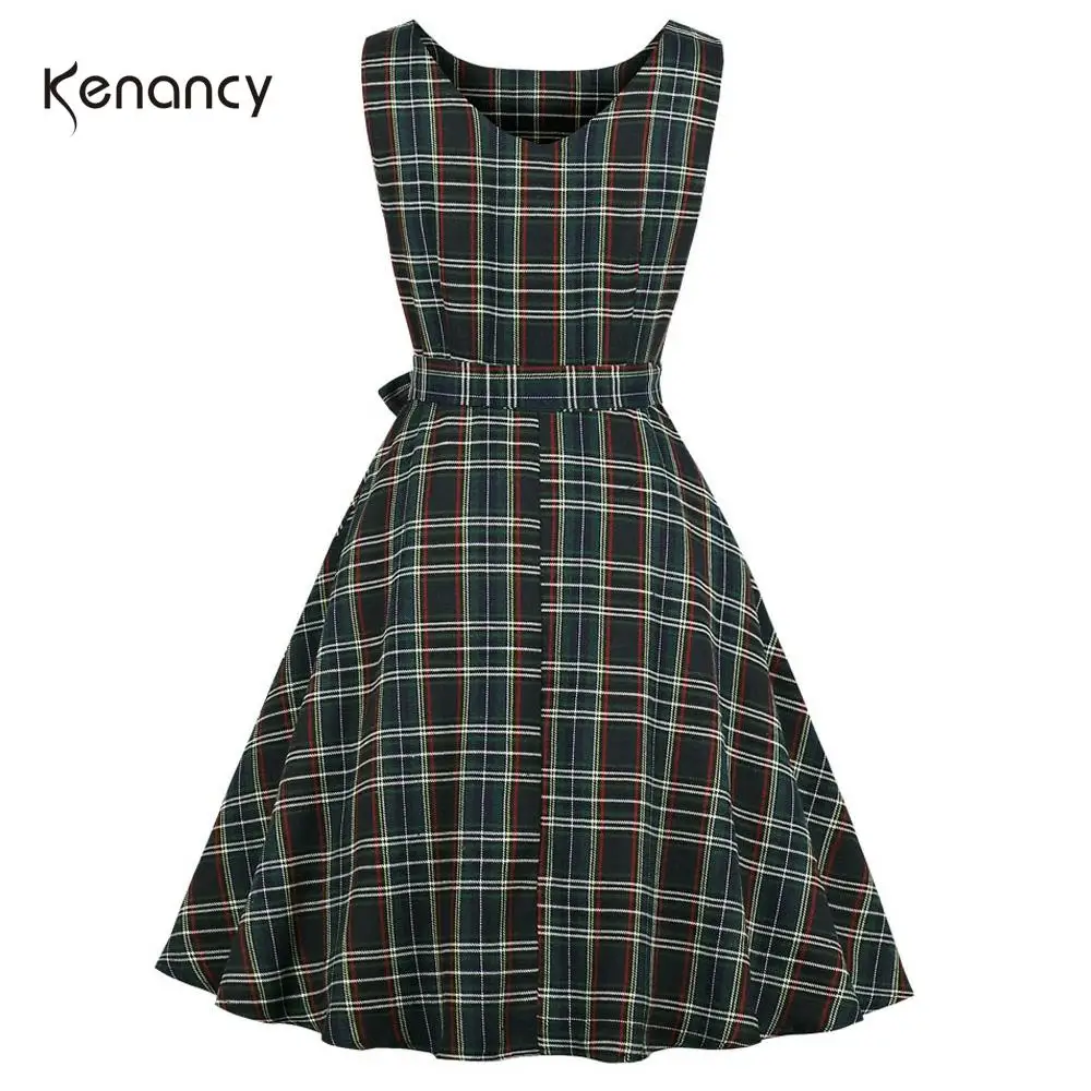Женское винтажное платье Kenancy клетчатое с длинным рукавом и принтом рокабилли на