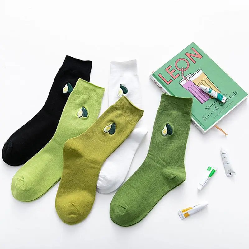 

5 Pairs Womens Girls Autumn Cotton Crew Socks Avocado Fruit Embroidery Hosiery