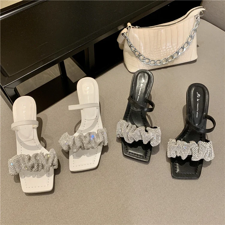

2021 summer new Rhinestone thin heel middle heel high heel square sandals open toe versatile show women's shoes fashion