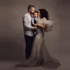 Элегантный серый Русалка фотосессия для беременных Платья с юбкой из тюля; Рубашка с короткими рукавами Пышная юбка размера плюс Плиссированные Свадебные Беременность платье