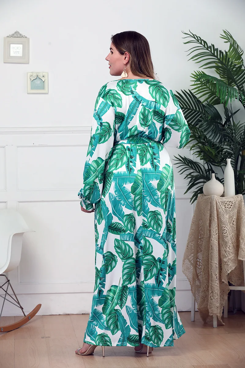 010 Large Size Women Dress Ankle Length Long Skirt L XL XXL 3XL 4XL Green Leave Printing V Neck Full Sleeve Plus Fat People | Женская