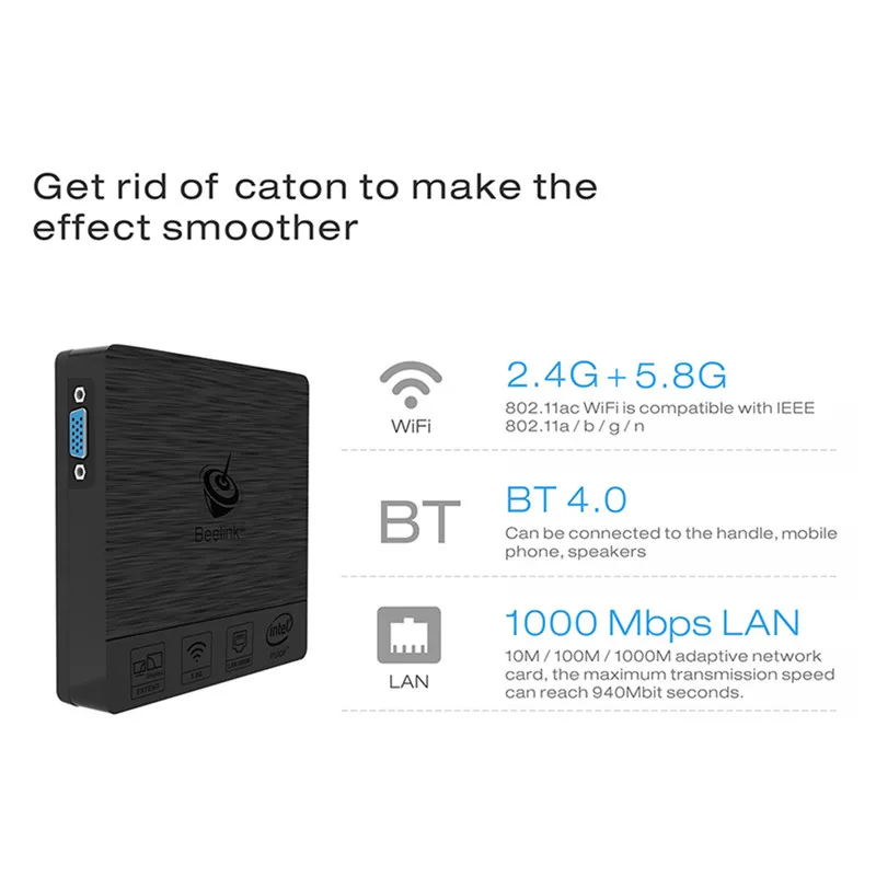 Мини-ПК Beelink BT3 Pro, Intel Atom X5-Z8350, 4 Гб ОЗУ, 64 Гб ПЗУ, 2,4 ГБ/5,8 ГБ, WiFi, Bluetooth, 4,0, 1000 Мбит/с, USB3.0, телеприставка