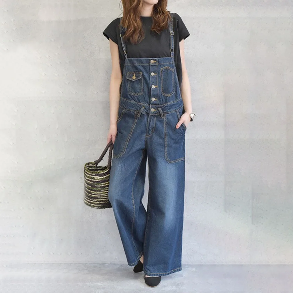 

Women Denim Jumpsuit Plain Casual Ladies Fashion Loose Mid Waist All-in-one Female Wide Leg Pants Summer Spring Hot Trousers