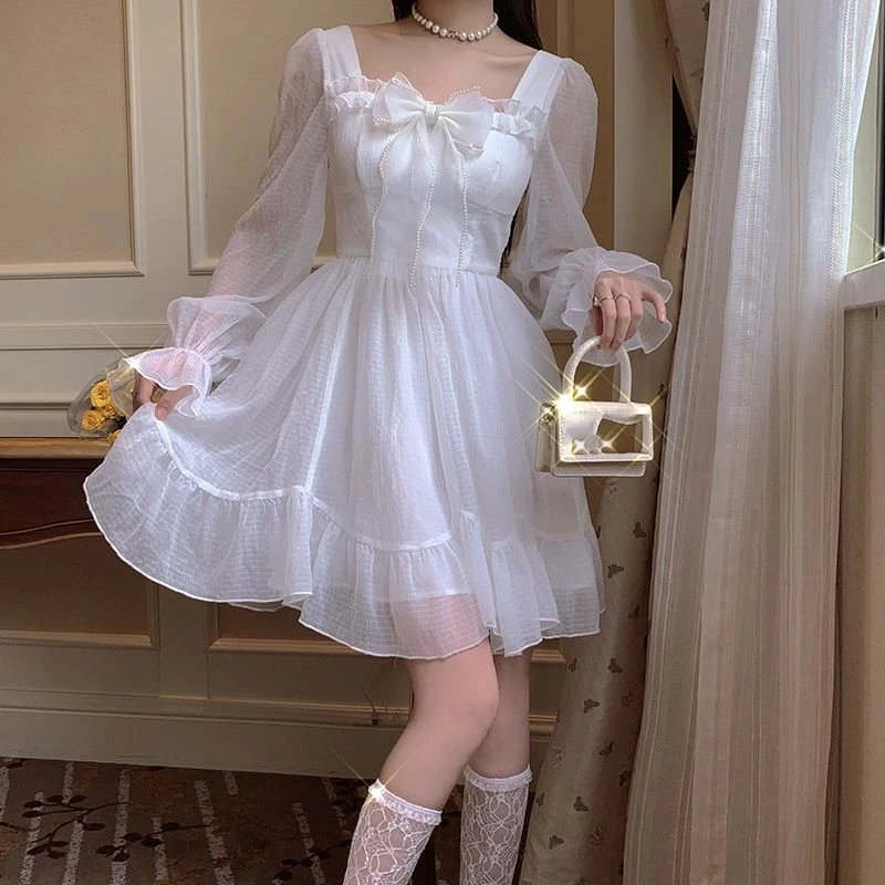 

White Elegant Fairy Dress Women Patchwork Bow Sweet Vintage Princess Dress Female Sexy Mini Korean Party Dress 2021 Flare Sleeve