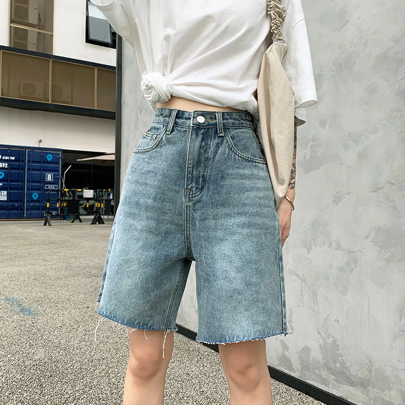 CHICEVER Casual Loose Denim Knee Length Trousers For Women High Waist Vintage Wide Leg Pants Female 2021 Summer Fashion Clothing