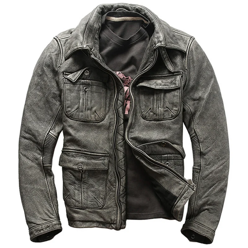 

Old Fashion Distressed Genuine Leather Mens Jacket Street Style Motorcycle Suit Coats Men Oversize Outwear Men Clothes Winter