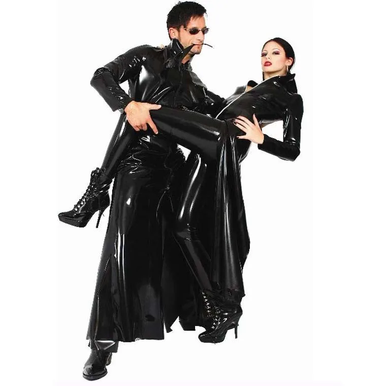 Fashion sexy plus size vinyl clubwear balck pvc faux leather long sleeves gothic long coat for men women PU leather coat trench