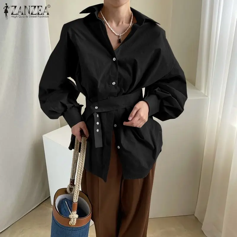 

ZANZEA 2022 Fashion Korean Work Blouse Women Vintage Tunic Tops Elegant Long Sleeve Lapel Chemise Autumn Office OL Lace Up Shirt