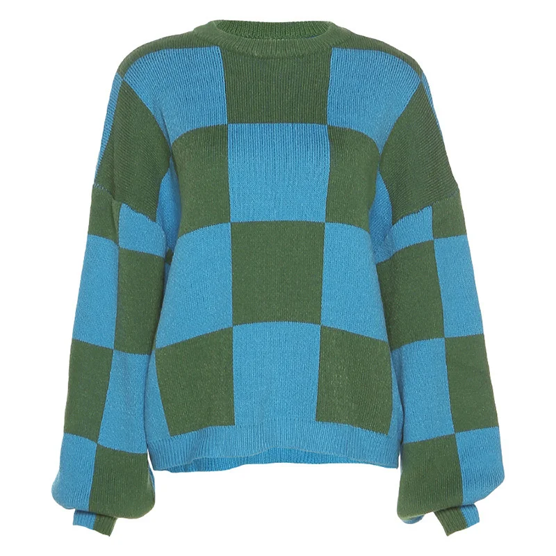 

Модные вязаные винтажные свитера в клетку, свободный джемпер с рукавами-фонариками, пуловеры оверсайз разных цветов, трикотажная одежда на ...