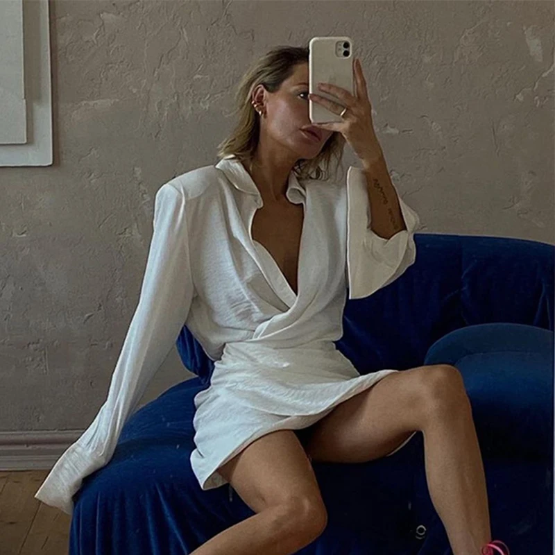 

Autumn Winter Turn-down Collar Mini Dress for Women 2021 Long Sleeve Low Cut Dresses Office Lady Streetwear Elegant Ruched