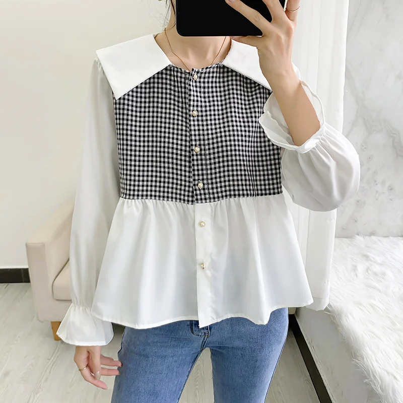 

Spring Summer Sweet Spliced shirt Plaid Blouses Women Turn-down Collar Puff Sleeve Blusas Ladies Casual Tops shirt Blusa Mujer